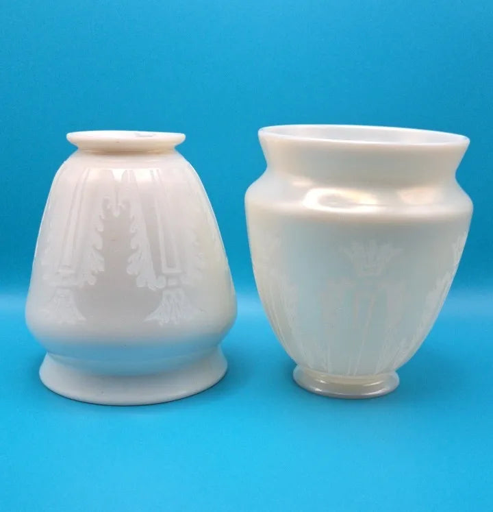 Pair Steuben Calcite Art Glass Lamp Shades with Acid-Etched Acanthus Design, Signed
