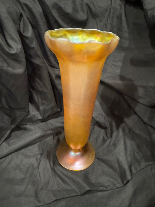 Tiffany Studios Favrile Monumental Pedestal Vase - 13" Golden Amber Ruffled Rim Art Glass