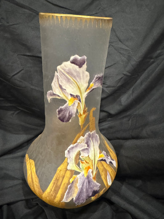 Mont Joye Cameo Glass Vase with Hand-Painted Irises, Circa 1900-1920