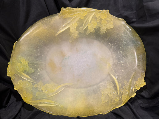 DAUM - LARGE CRYSTAL DISH DECORATED WITH LILY OF THE VALLEY LEAVES