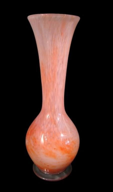 Durand Cluthra Art Glass Vase, Rose and Coral Mottled, 15", Signed and Numbered 20169-15, Vineland Flint Glass c. 1925–1931