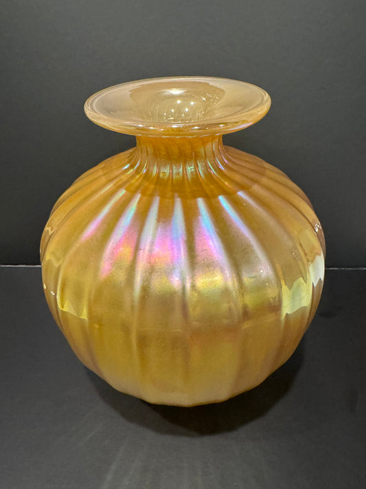 Steven Correia Iridescent Ribbed Melon Art Glass Vase, 8"