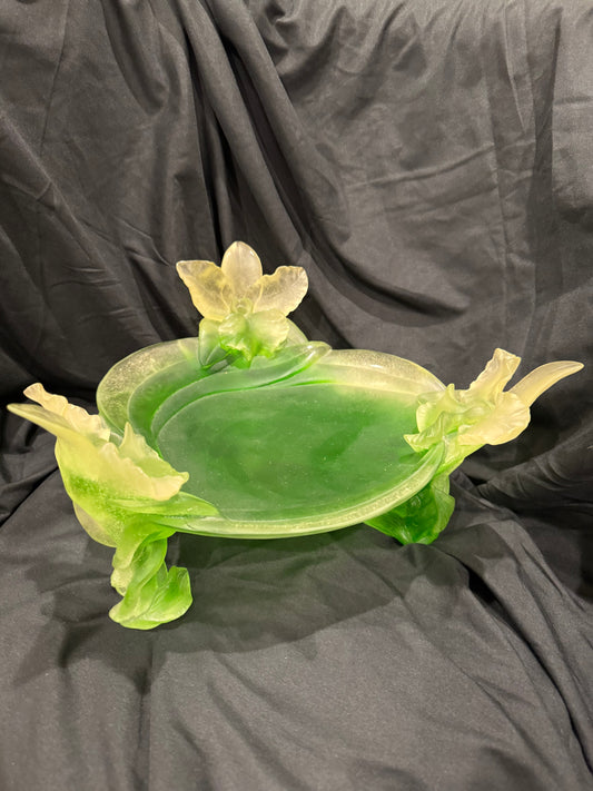 DAUM France Pâte de Verre "Green Orchid" Crystal Dish Centerpiece
