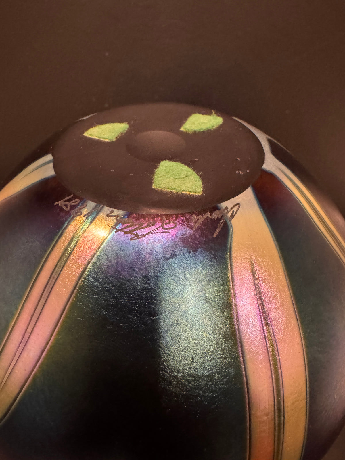 Charles Lotton Iridescent Art Glass Vase — Pulled Leaf and Vine