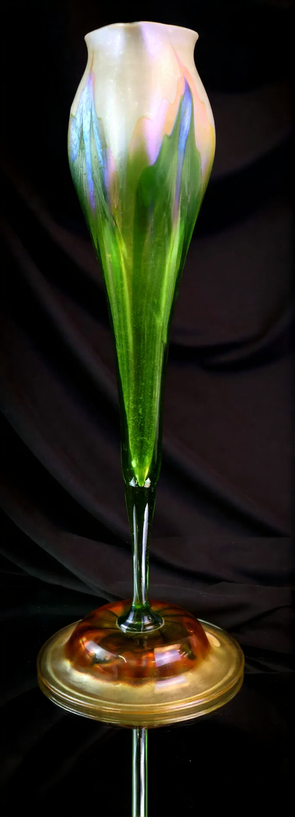 L.C. Tiffany Favrile Art Glass Calyx Floriform Vase, 16½" Tall, Signed L.C.T. M453 with Original Paper Label