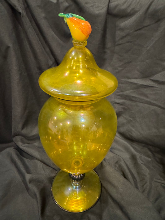 Vintage Steuben Yellow Iridescent Glass Covered Compote
With Fruit Finial