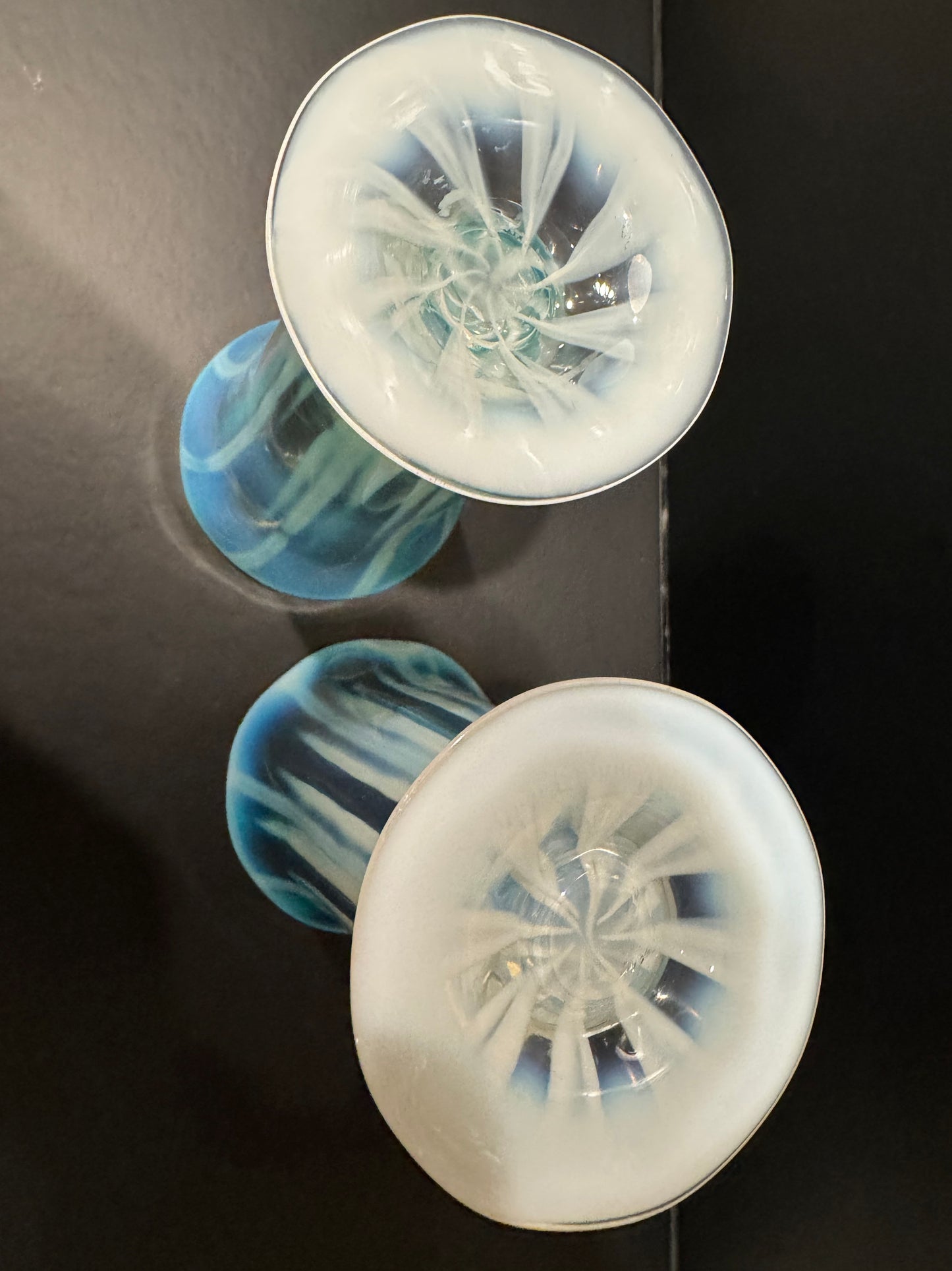 Pair of Tiffany Studios Pastel Opalescent Juice Glasses in Turquoise Blue, Circa 1900-1920
