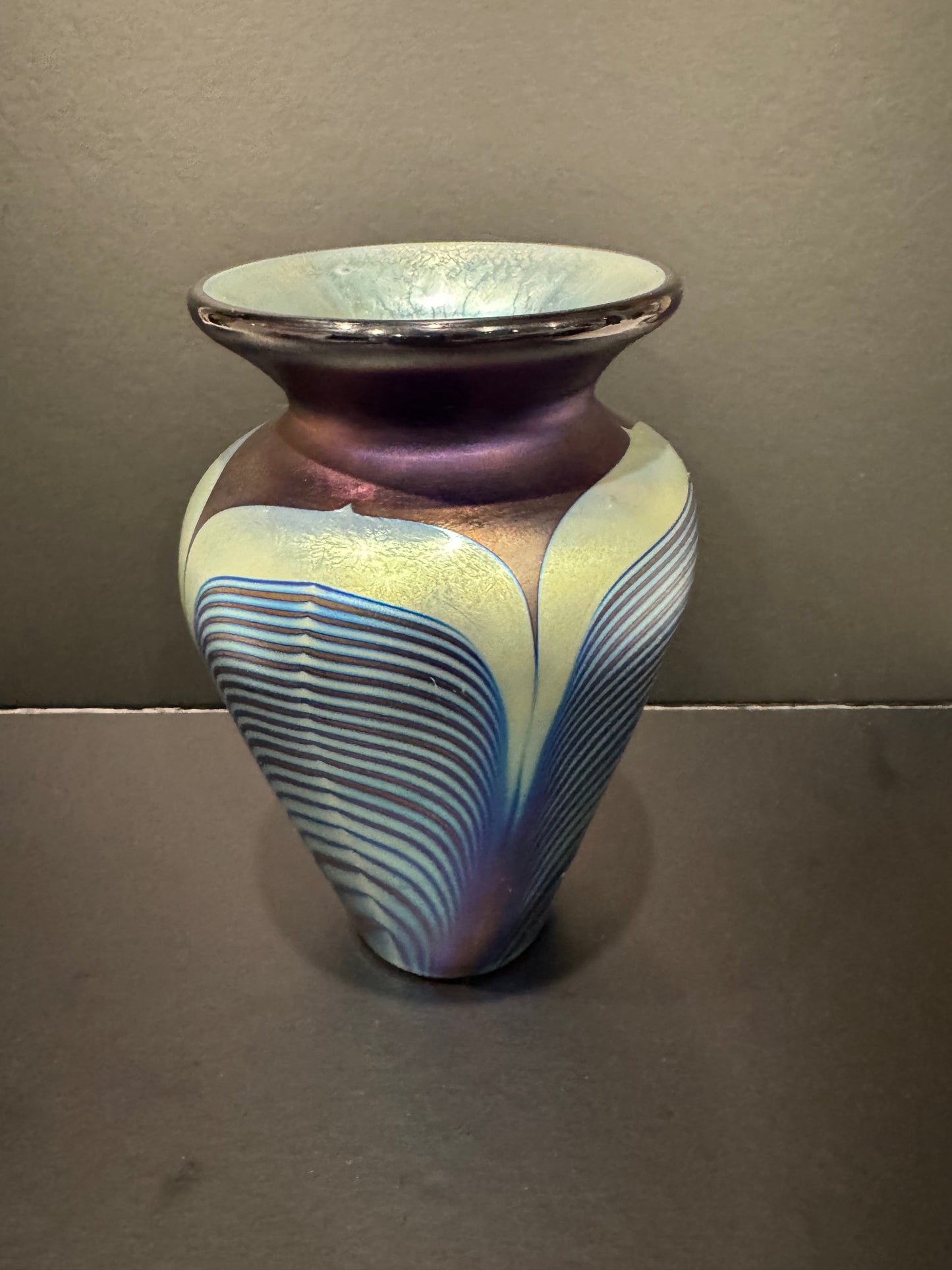 Steven Correia Art Glass Vase - 7" Iridescent Studio Glass with Wave Pattern