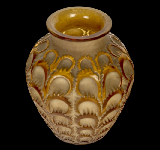 1931 René Lalique - Vase Laiterons Yellow Amber Glass with Sepia Patina