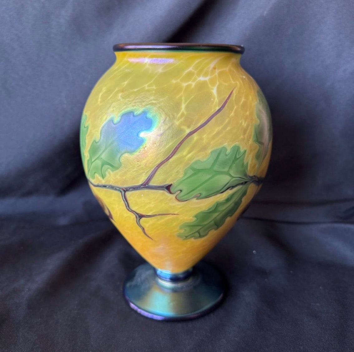 8.5" Signed and #ed Orient & Flume Art Glass Vase, Oak Leaves and Acorns