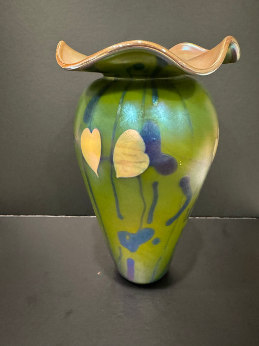 Phoenix Studios John Cook Art Glass Vase - 10" Iridescent Green with Heart Motif