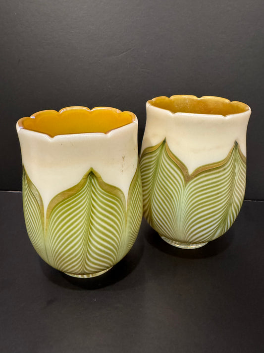 Pair of Quezal Art Glass Pulled Feather Lamp Shades, Green & White with Gold Aurene Interior, Unsigned
