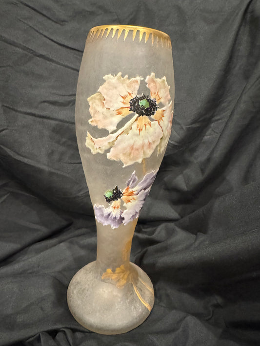 Mont Joye Cameo Glass Vase with Hand-Painted Poppies, Circa 1900-1920