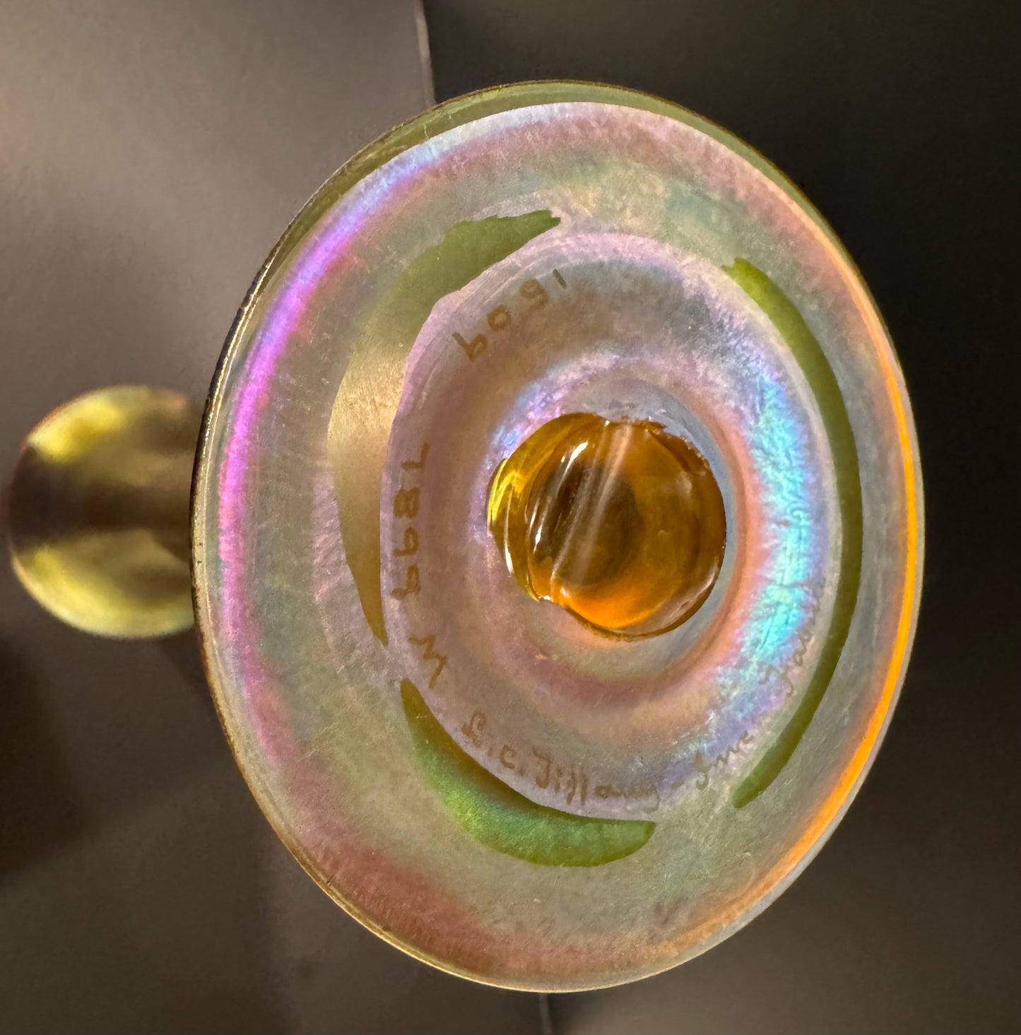 Authentic L.C. Tiffany Favrile Gold Iridescent Trumpet Vase — 10" Tall, Engraved Signature, c. Early 20th Century