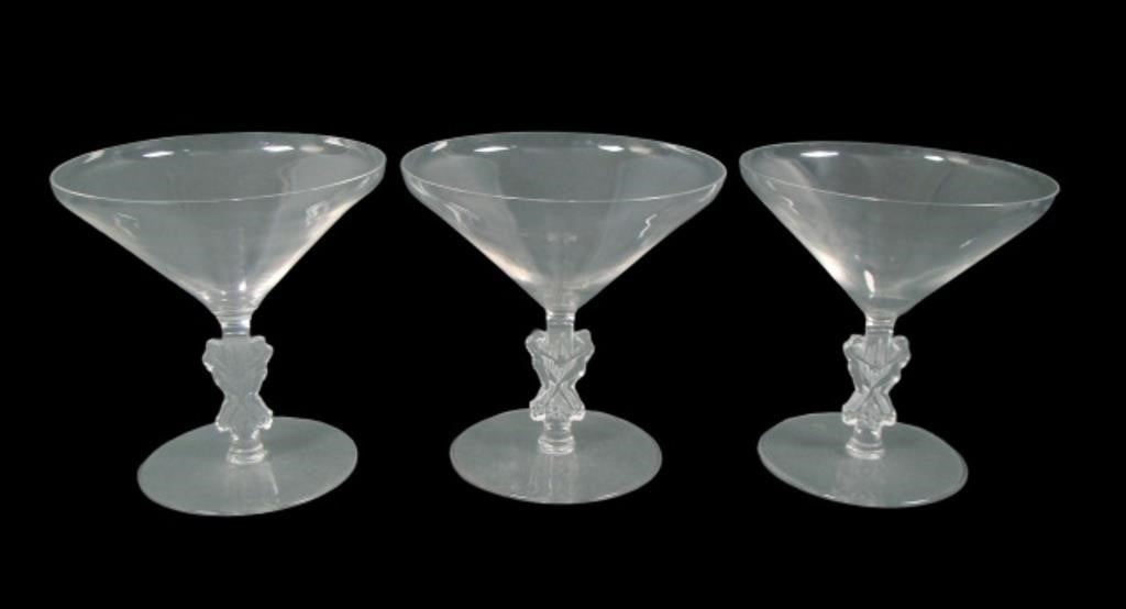 René Lalique "Strasbourg" Set of 3 Champagne Coupes, Art Deco Frosted Nude Figural Stems, c. 1926