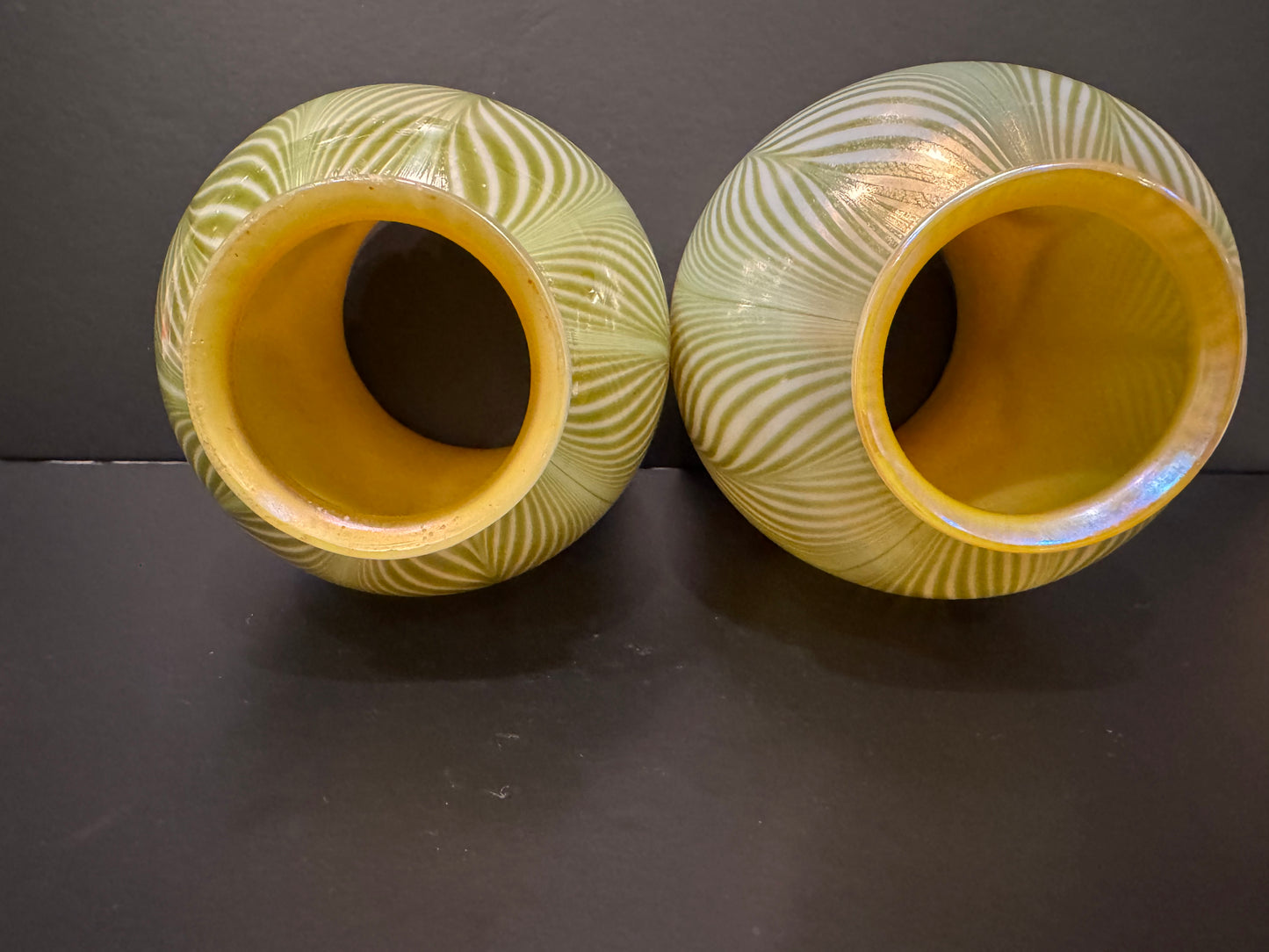 Pair of Quezal Art Glass Pulled Feather Lamp Shades, Green & White with Gold Aurene Interior, Unsigned