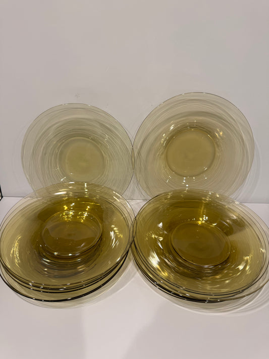 Steuben Art Glass Plates, Set of 14 – Topaz and Crystal with Optic Swirl, 6"