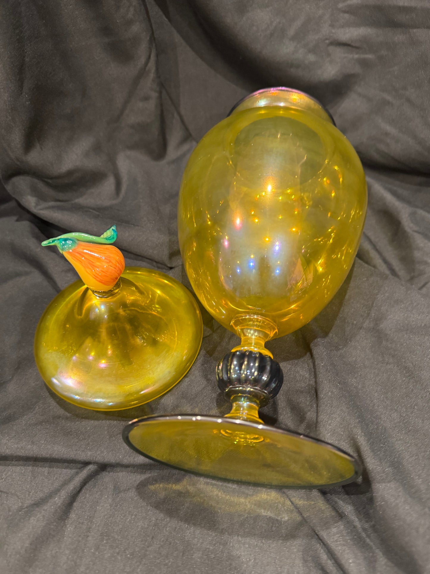 Vintage Steuben Yellow Iridescent Glass Covered Compote
With Fruit Finial