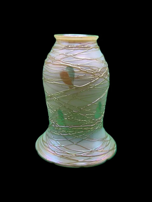 Quezal Opalescent Art Glass Shade with Gold Threaded Coil Decoration, 6 Inch