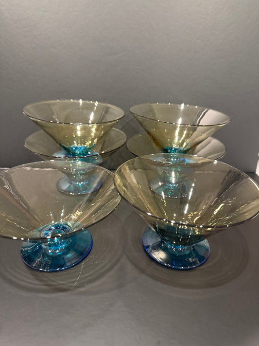 Steuben Carder-Era Art Glass Footed Sherbet Bowls, Set of 6 – Topaz with Celeste Blue Feet