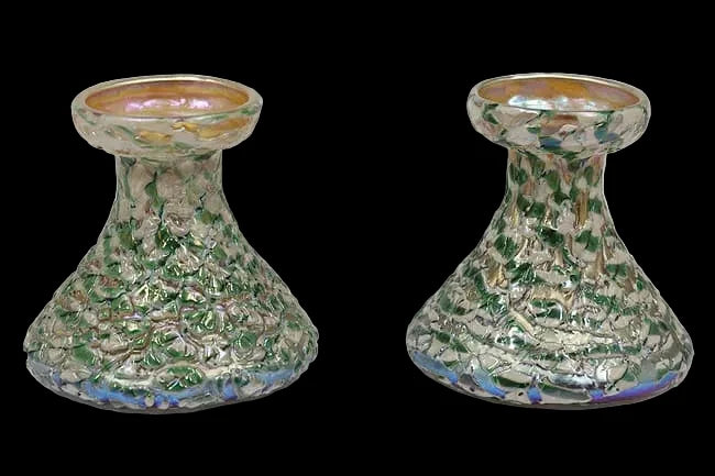 Pair of Durand Art Glass Moorish Iridescent Textured Crackle Glass Candleholders