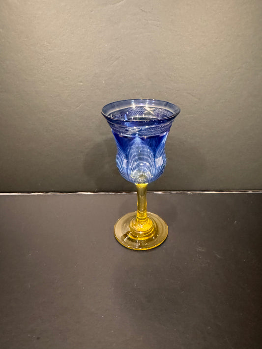 Rare Victor Durand Cobalt Blue Pulled Feather Cordial Glass with Engraved Rim and Amber Stem, c. 1925