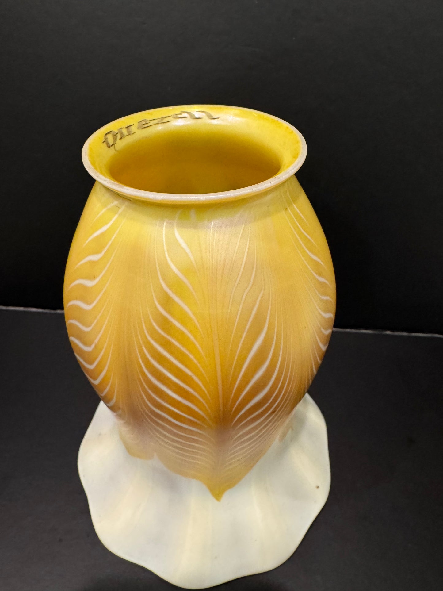 Quezal Art Glass Lamp Shade - 6" Golden Yellow with Pulled Feather Design