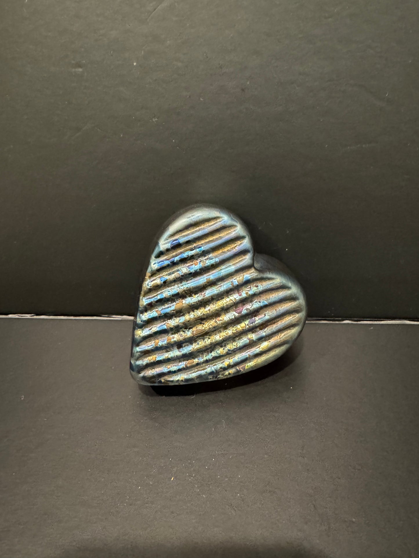 Robert Held Art Glass Heart Paperweight - Iridescent with Gold Aventurine