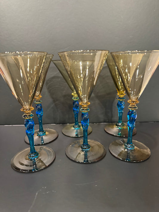 Steuben Carder-Era Art Glass Cordial Glasses, Set of 6 – Topaz with Celeste Blue Twist Stems, 5"H