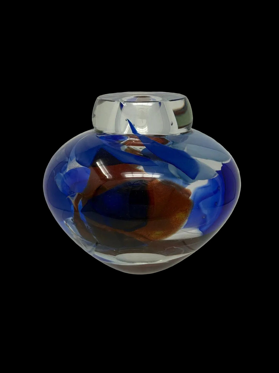 Randi Solin Signed & Dated Studio Art Glass Vase — Cobalt Blue & Amber, 7" x 8"