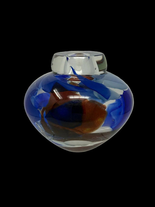 Randi Solin Signed & Dated Studio Art Glass Vase — Cobalt Blue & Amber, 7" x 8"