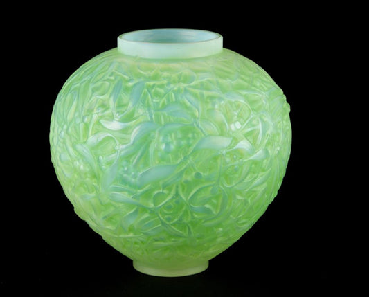 René Lalique "Gui" Vase in Opalescent Green Glass, Circa 1920