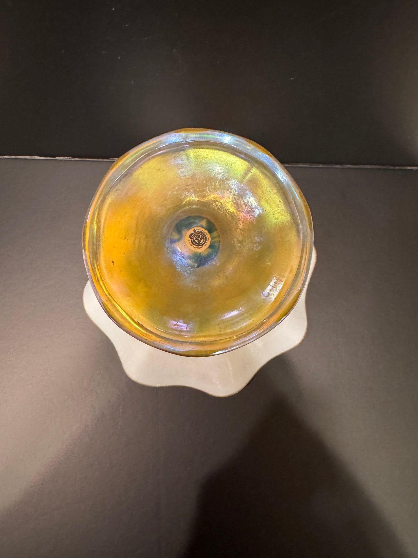 L.C. Tiffany Favrile Gold Iridescent Flower Form Compote / Vase — Signed with Original Paper Label, c. Early 20th Century