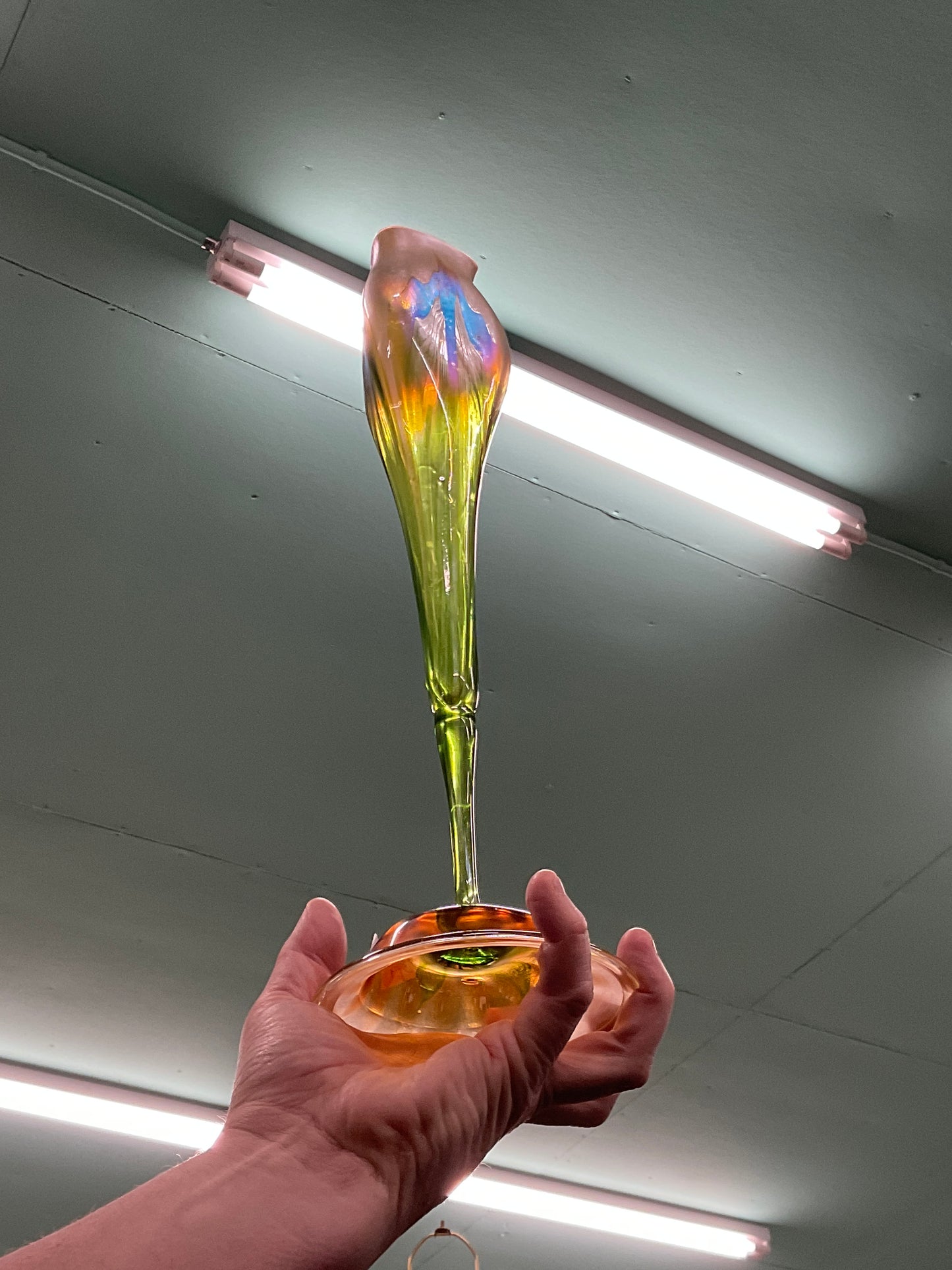 L.C. Tiffany Favrile Art Glass Calyx Floriform Vase, 16½" Tall, Signed L.C.T. M453 with Original Paper Label