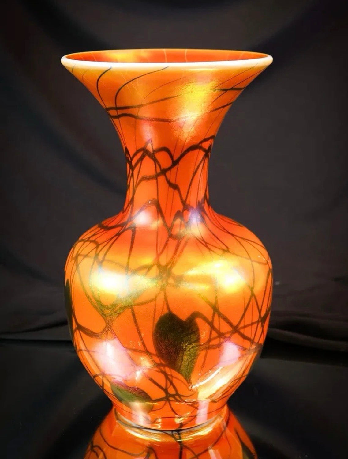 Imperial Freehand Orange Iridescent Heart & Vine Art Glass Vase