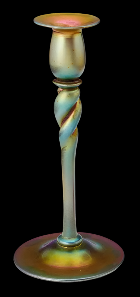 A Steuben Aurene glass candle stick holder