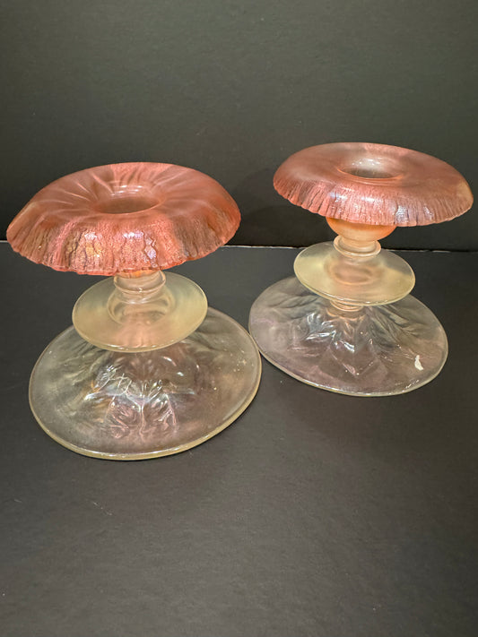 Pair of Tiffany Studios Pastel Pink Favrile Glass Candlesticks - Signed LCT Favrile 1846, Early 20th Century