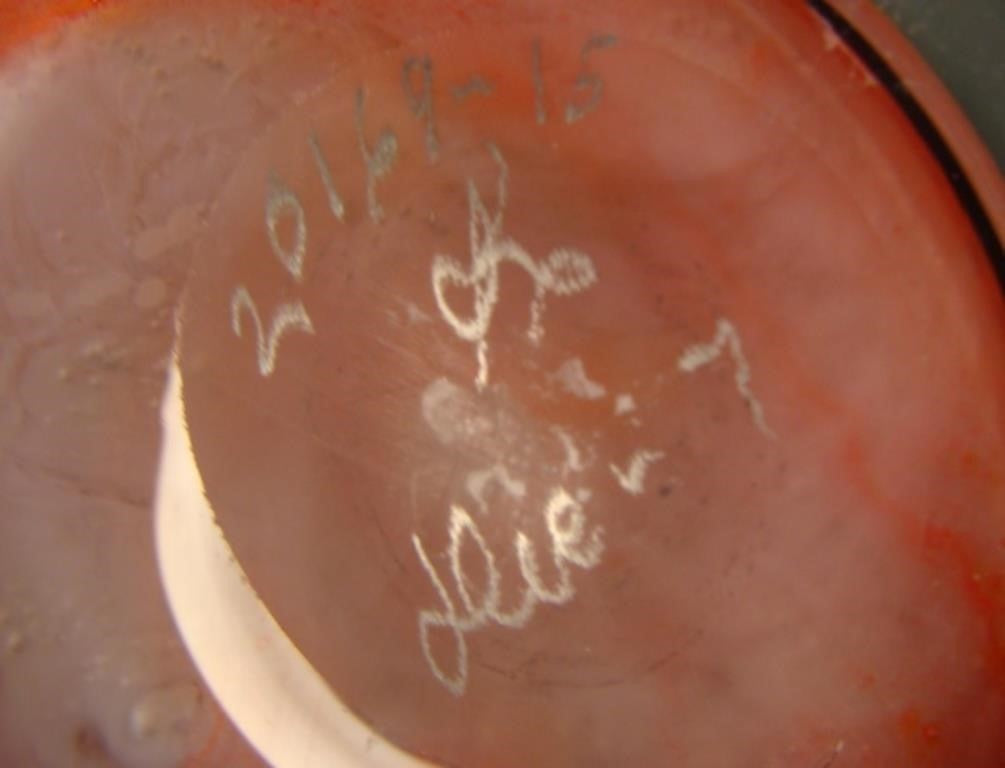 Durand Cluthra Art Glass Vase, Rose and Coral Mottled, 15", Signed and Numbered 20169-15, Vineland Flint Glass c. 1925–1931