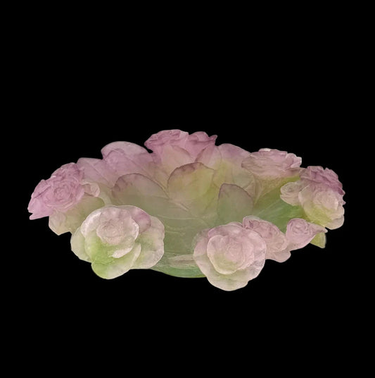 Daum France Lavender and Green Pâte de Verre “Rose” Bowl