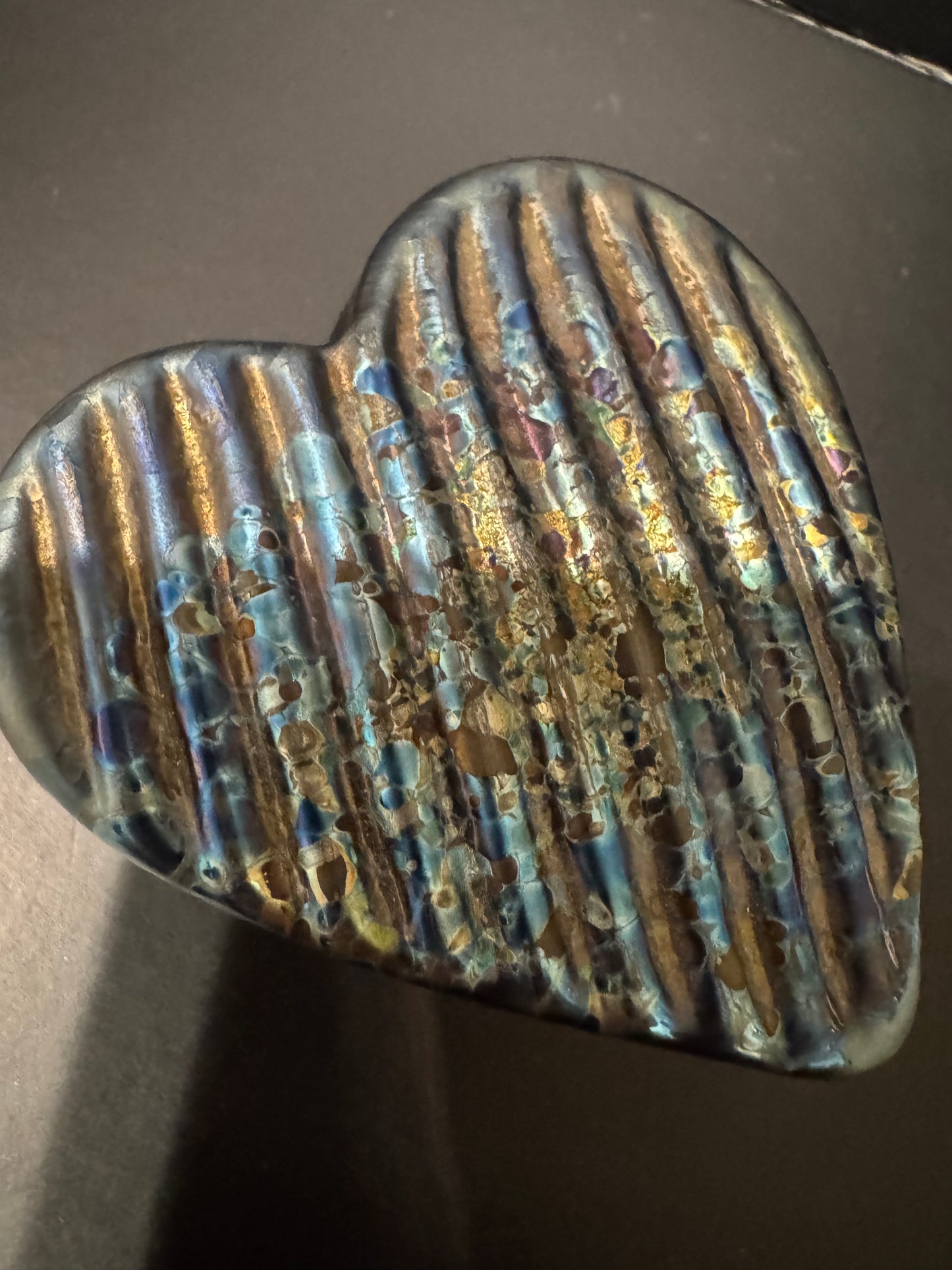 Robert Held Art Glass Heart Paperweight - Iridescent with Gold Aventurine