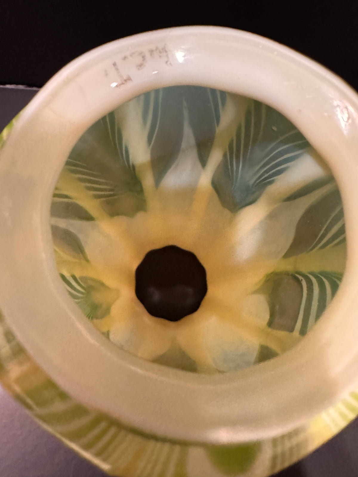 Antique Tiffany Studios Pulled Feather Art Glass Lamp Shade, Signed LCT, Creamy Custard Ground with Green Feathering