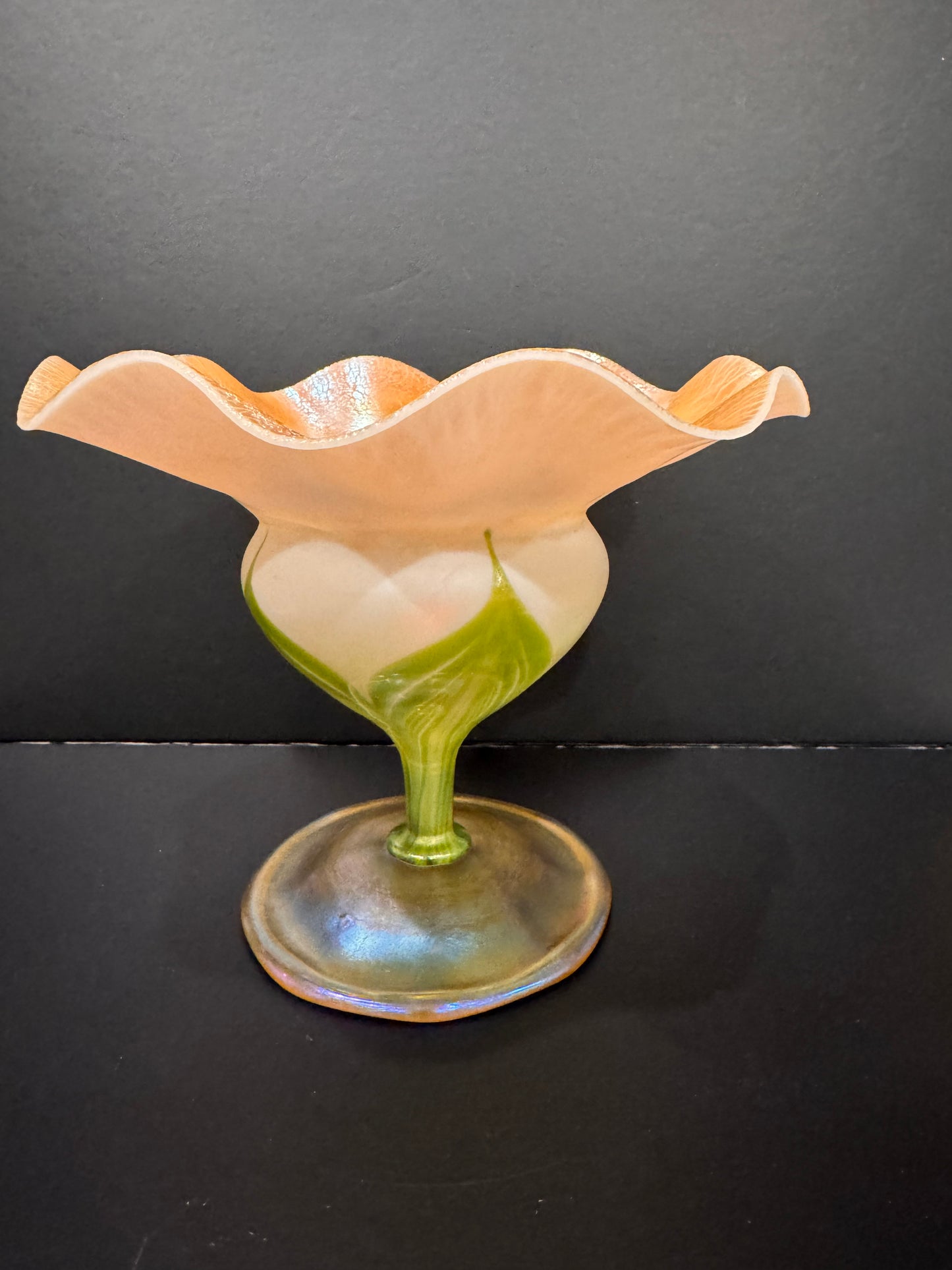 L.C. Tiffany Favrile Gold Iridescent Flower Form Compote / Vase — Signed with Original Paper Label, c. Early 20th Century