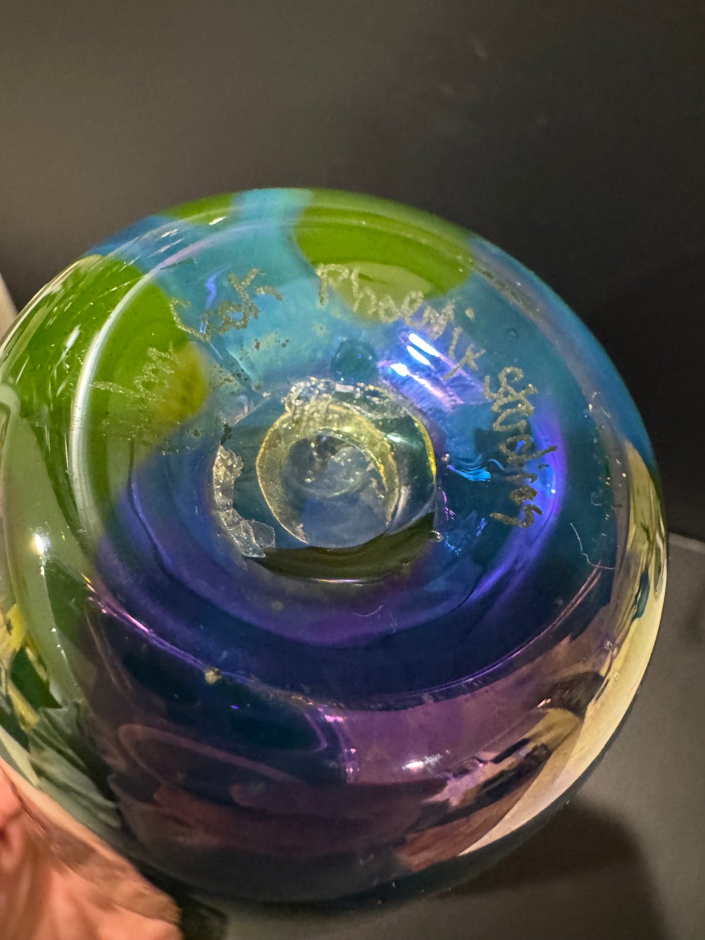 Phoenix Studios John Cook Art Glass Vase - 10" Iridescent Green with Heart Motif