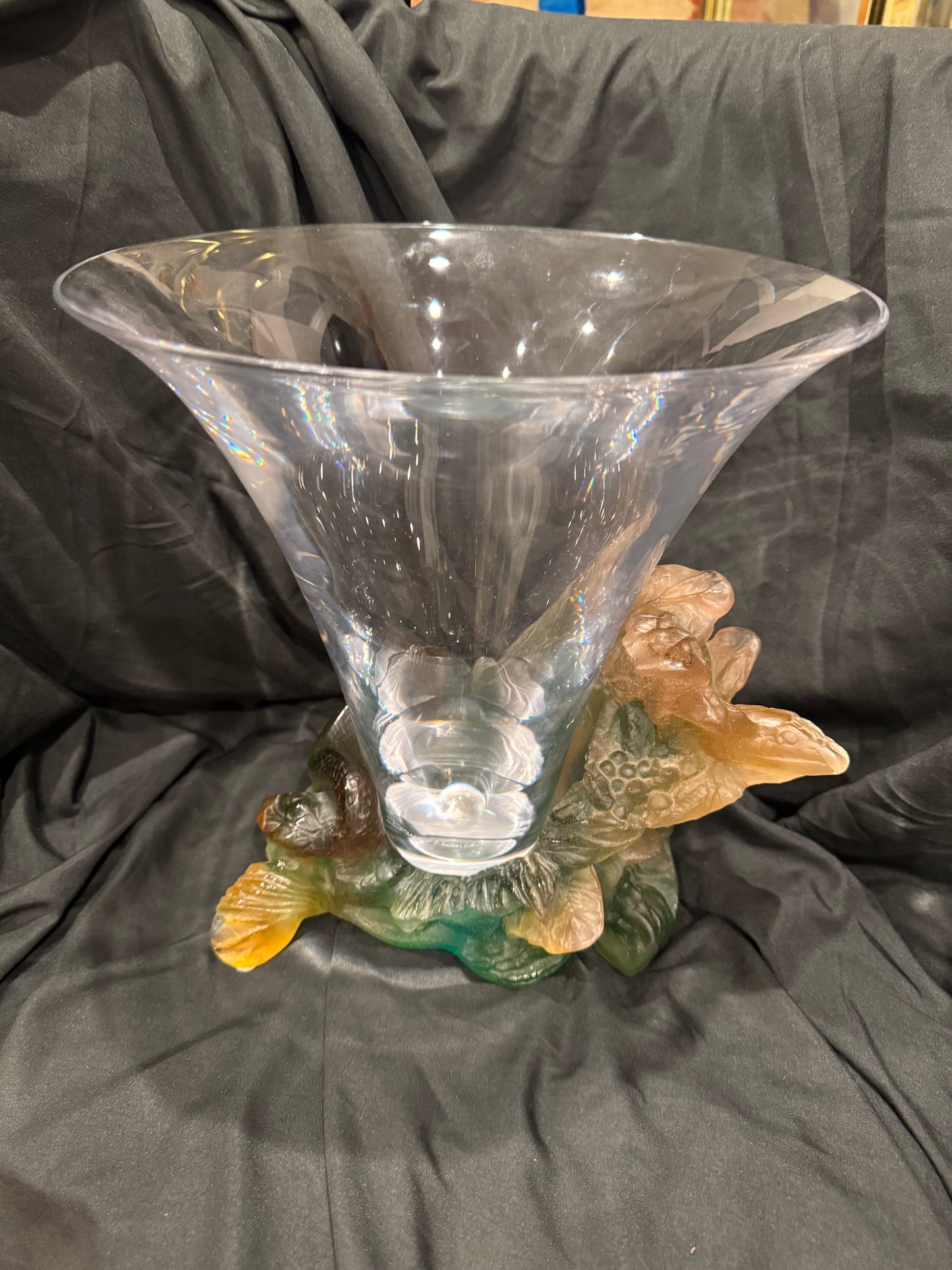 DAUM France Trumpet Vase with Pâte de Verre Snake & Foliate Base
