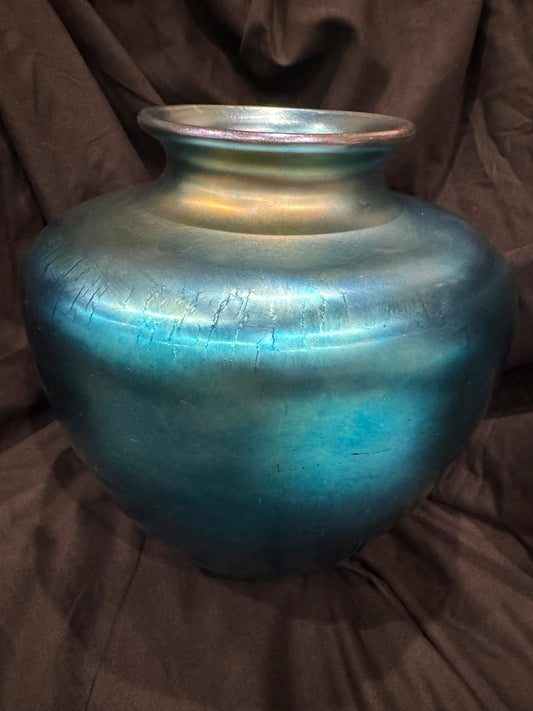 Monumental Steuben Blue Aurene Iridescent Art Glass Vase - 11" Signed, Circa 1920s