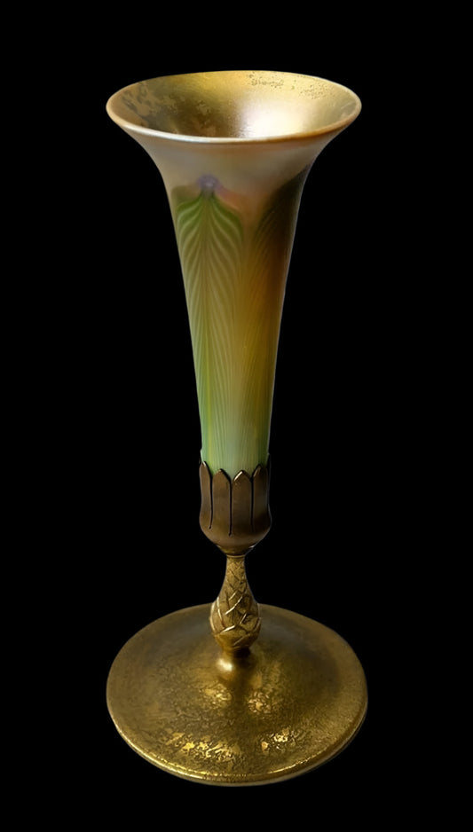 Tiffany Studios Pulled Feather Favrile Glass and Gilt Bronze Trumpet Vases (circa 1910)