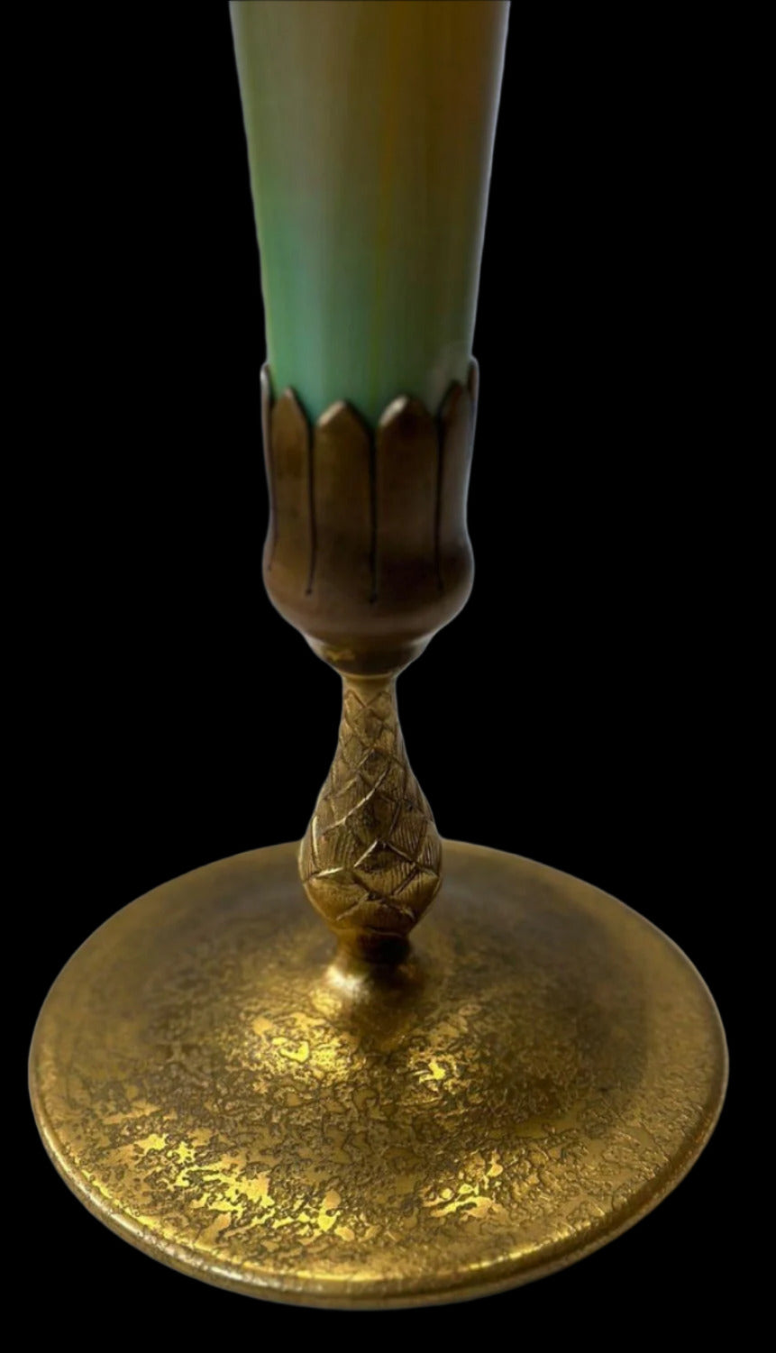 Tiffany Studios Pulled Feather Favrile Glass and Gilt Bronze Trumpet Vases (circa 1910)