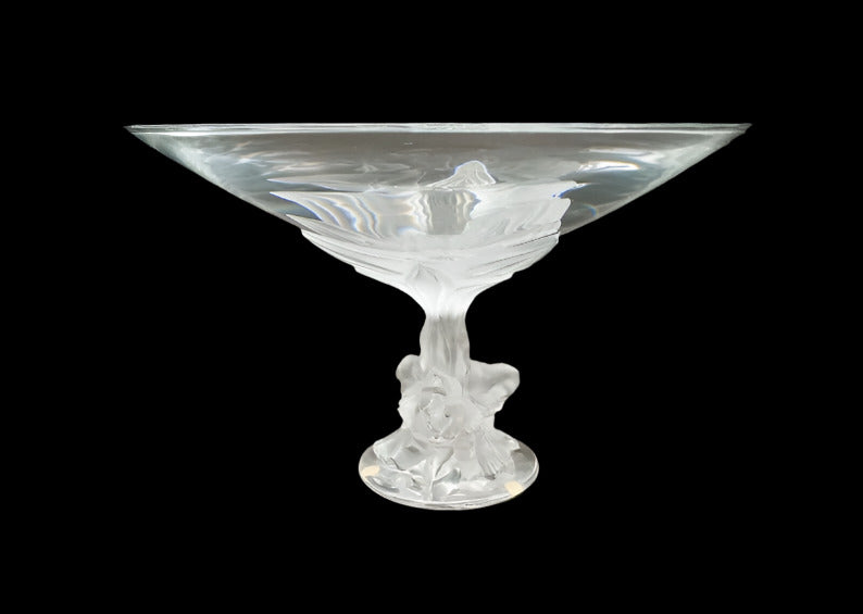Lalique Crystal France Plumeria Orchid Glass Pedestal Centerpiece Compote Bowl