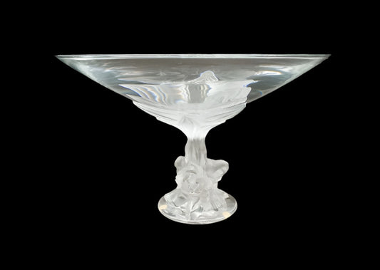 Lalique Crystal France Plumeria Orchid Glass Pedestal Centerpiece Compote Bowl
