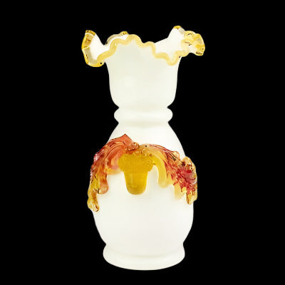 Stevens & Williams Style Victorian Glass Vase, White/Applied Acorn & Leaves